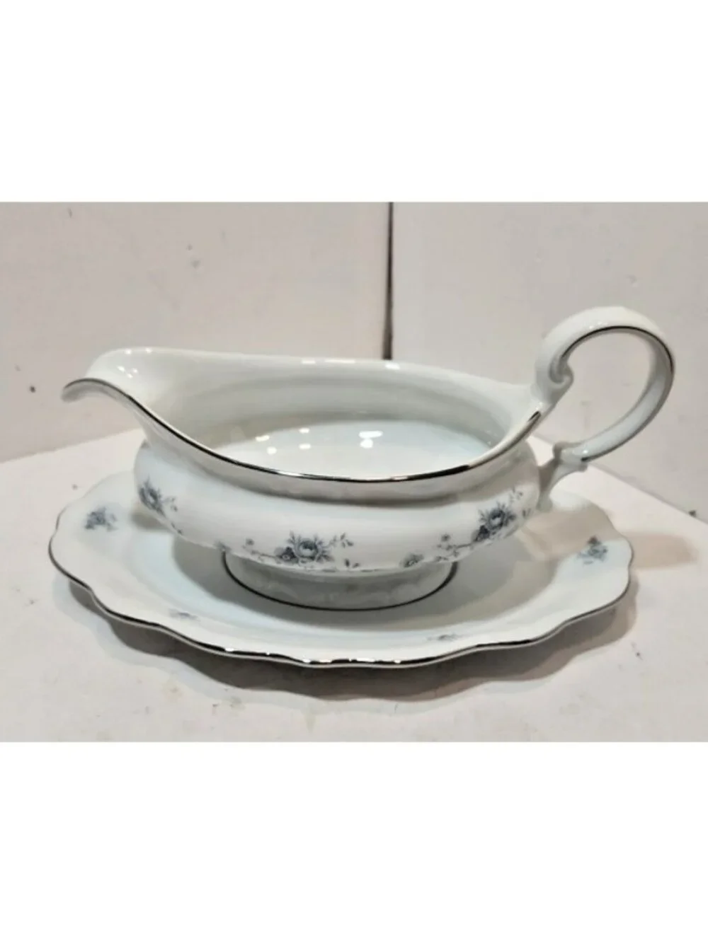 Vtg Johann Haviland Blue Garland China Bavaria Backstamp Gravy Boat w/Underplate